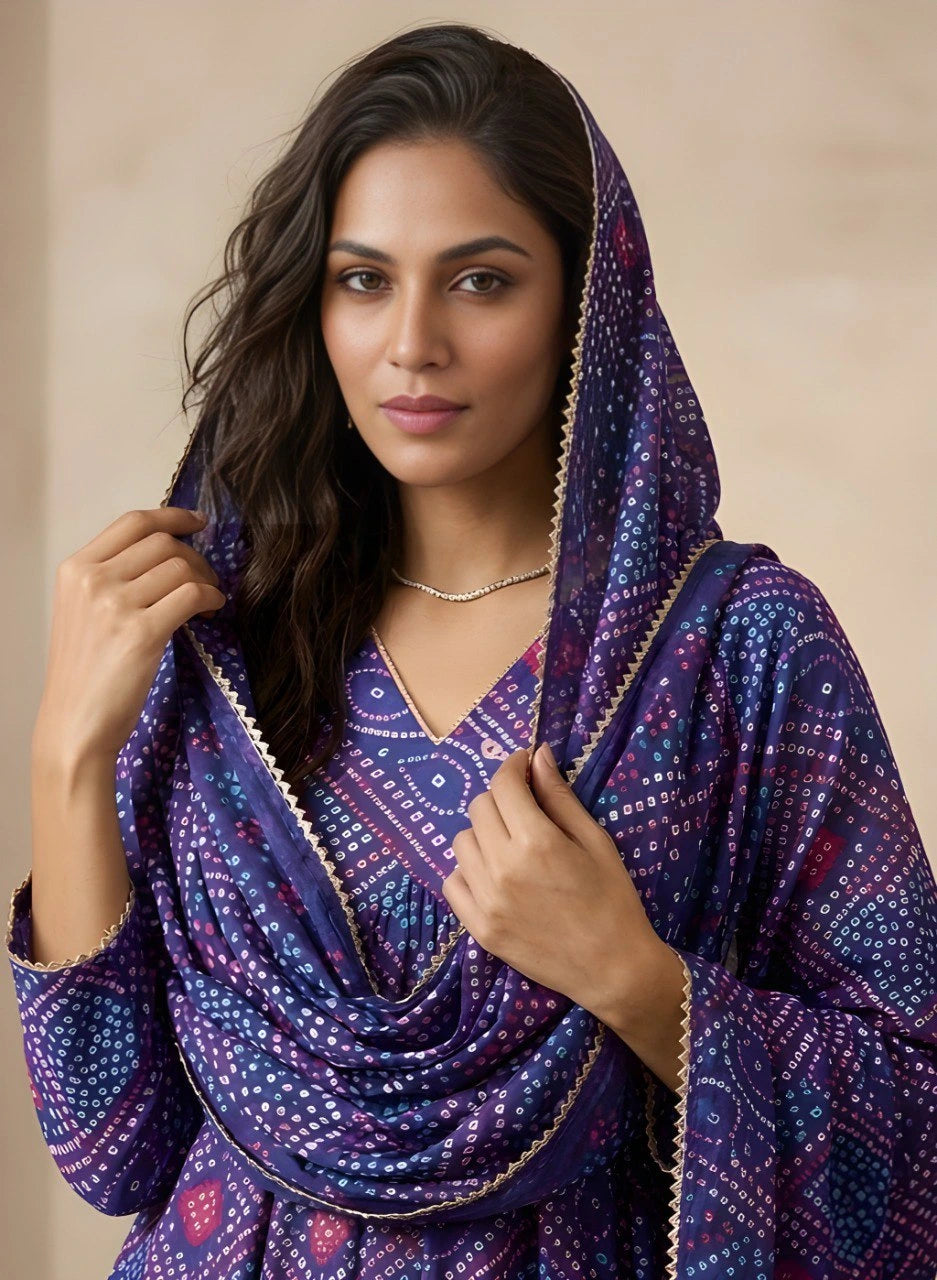 Woman wearing a purple patterned shawl against a beige background